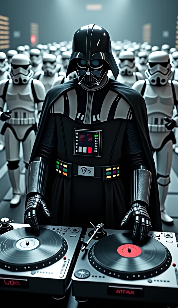 darth vader Djing on Technics Sl1210s in between lines of marching stormtroopers
