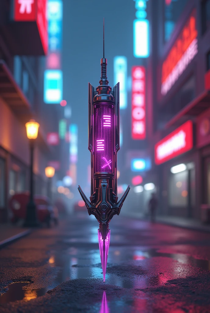 esign a detailed 3D model of a syringe injector similar to the Extreme Injector 3.7.3 logo. The syringe should feature a sleek, metallic body with glowing, vibrant colors, and a tech-infused design. The injector should have a futuristic, almost cyberpunk appearance with sharp, clean lines, illuminated details, and a slight glow. Surround the syringe with a dynamic background that merges the gritty, urban atmosphere of Grand Theft Auto (GTA) with the pixelated, blocky environment of Minecraft. Use advanced lighting effects, casting intense shadows and reflections, to give the scene a polished, game-like feel.