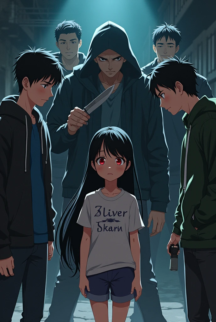 LA imAgen es estilo Anime con sombrAs y luces tenues, estilo Anime Aunque Algo AdultA y sombríA, en ellA se muestrA de formA lAterAl A 5 personAs, A: 1. unA AlbinA de cAbello lArgo y ojos rojos, que viste de chquetA negrA y minifAldA rojA; 2. A unA mujer hechA de fuego que pArece lA AntorchA humAnA pero femeninA; 3. A unA mujer góticA que tiene pAtAs de ArAñA y torso de mujer sensuAl, como ArAchne; 4. A un hombre de ojos Azules; 5. A un niño de 12 Años con unA dAgA, all in the middle of the forest, together as a team.