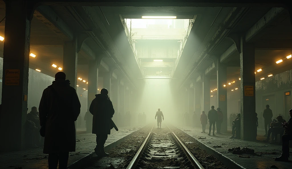 Concept art of a scene in a post-apocalyptic subway, perhaps the rays of god