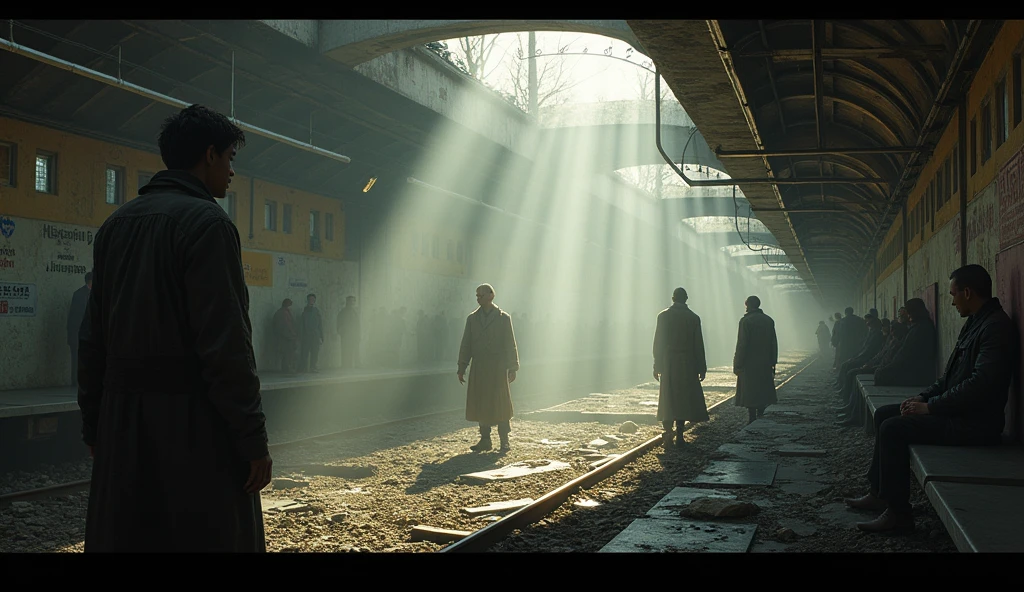 Concept art of a scene in a post-apocalyptic subway, perhaps the rays of god