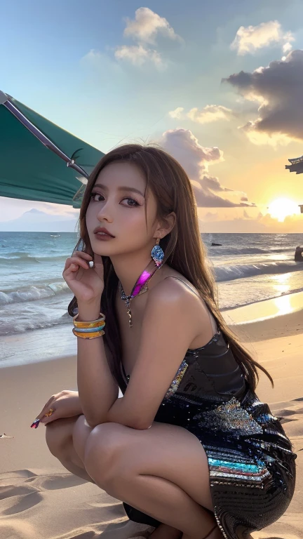 masterpiece, 4K, Bokeh, Realistic, High school students squatting on the beach, (Japanese Idols:1.6), Light brown long hair, Light brown eyes, Plump breasts, Looking at the audience, Blushed, close, (black gothic dress), (Jewelry decoration:1.2, Colorful gemstones:1.2), (The dress is decorated, Sequins), Sunset Coast, Beautiful sky and clouds