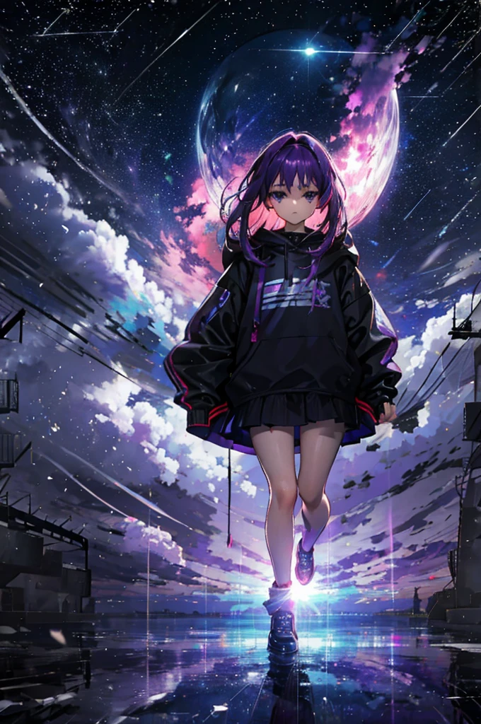 Purple haired girl, about 15 years old, holding purple light, raising both hands up sky, zoom out, spreading fragments, midair