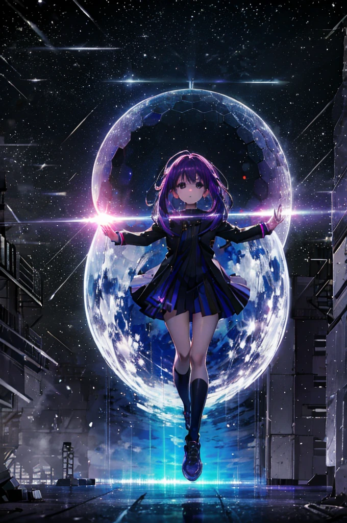 Purple haired girl, eclipse , a place with nothing, the girl is raising her hand up sky, distorted dimension, focused light rays, purple lights 