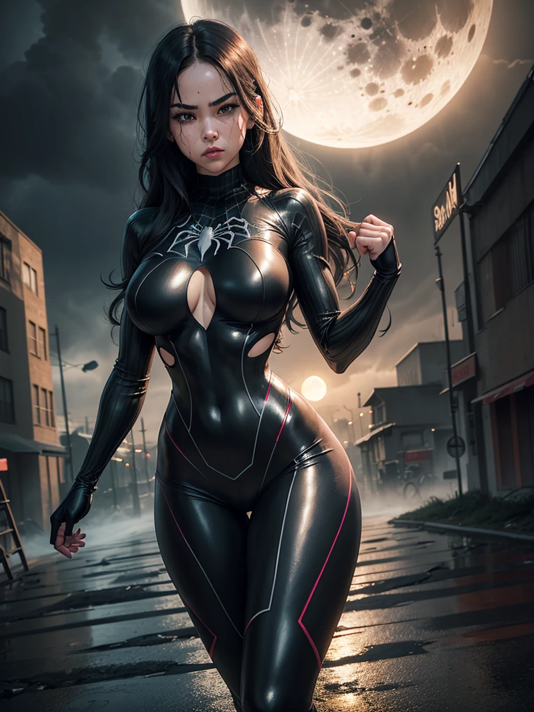 Spider girl,black full body costume,neon spider symbol on fantasy,dark day,giant moon in the sky, moon elimination,rainy clouds,super tight clothes,Broad Hips,((torn costume)),torn mask showing lips,enveloping seductive mouth,best qualityer,8k,Super focus,Beautiful picture,face ilumined,((strong bodie)), traces of a fight,just fought , blurred fog,