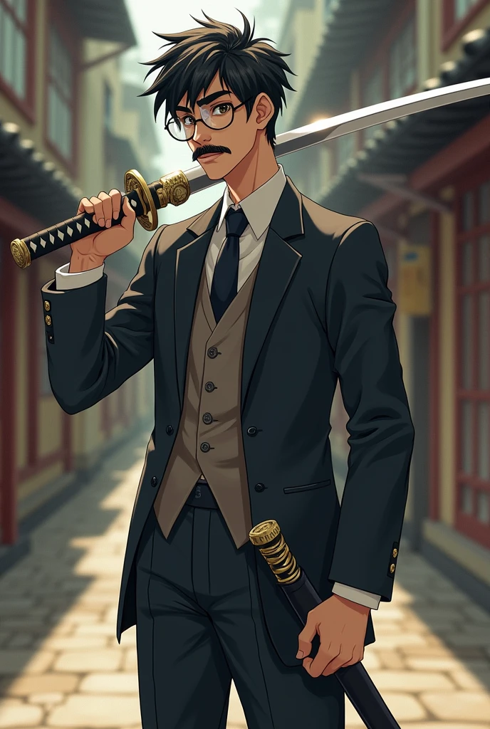 Tall lean man with glasses, messy short hair with light mustache, young, full body, formal wear, katana