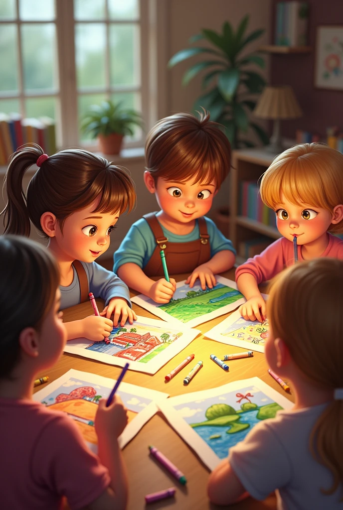 Children draw: Some children are sitting on the table drawing pictures with different colored crayons. Some pictures are of landscapes or rural life.