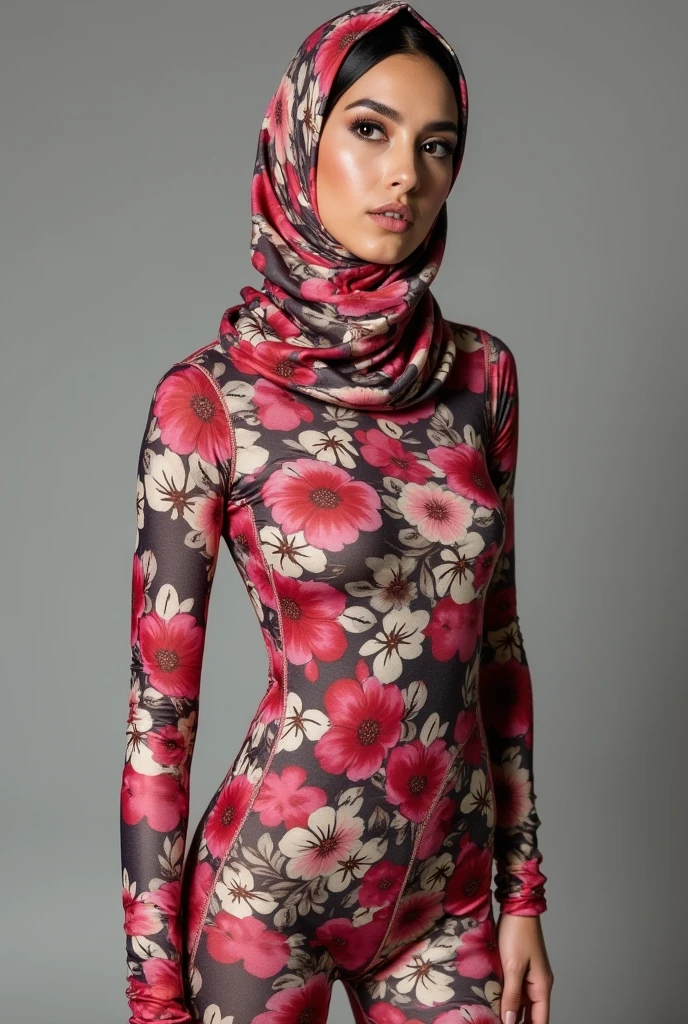 The most pretty and beautiful muslimah with beautiful cheeks wears floral print lycra turtleneck unitard catsuit and floral print lycra zentai hood-like hijab