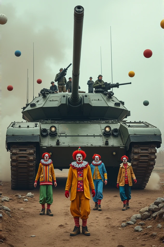 Un char d'assaut russe type T80, avec des clown qui jonglent au premier plan.