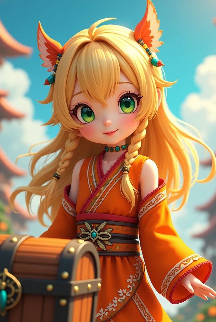 Game Icon，Japanese，Fantasy wind，2.5D，1 Girl，blonde，Long hair，Braided Bangs，Green eyes，Orange clothing，Tribal costumes，happy，Treasure Chest，Treasure，Best picture quality ，HD