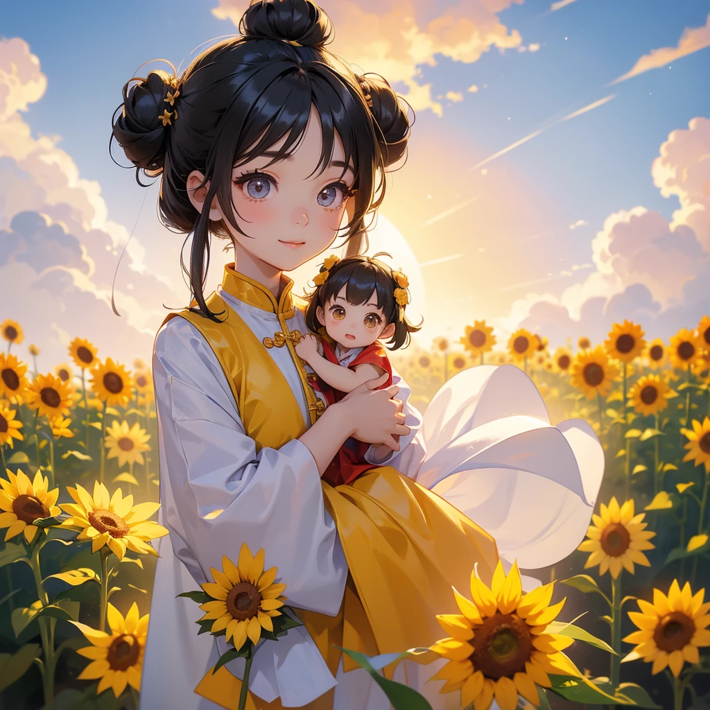 A chibi girl had a small face and Wearing a little Taoist priest's outfit. A pair of big round eyes shone with curiosity about him. This childso cute! Strolling among the sunflower fields Glowing yellow, her hair is black with two buns on her hair.small chibi, chibi baby, smil,Chibi. Sunset.