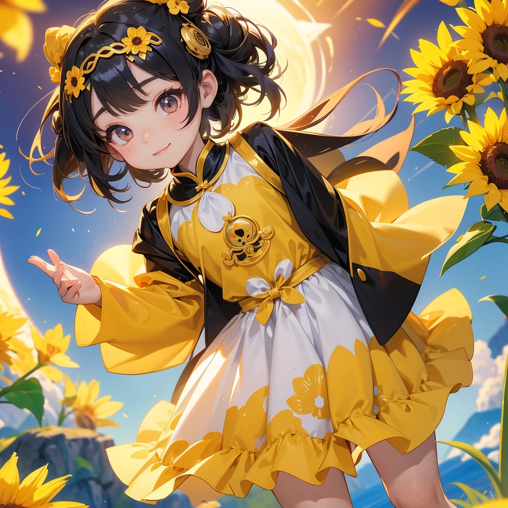 A chibi child girl had a small face and Wearing a little Taoist priest's outfit. A pair of big round eyes shone with curiosity about him. This child was so cute! Strolling among the sunflower fields Glowing yellow, her hair is black with two buns on her hair.small chibi, chibi baby, smiling ,Chibi. Sunset.