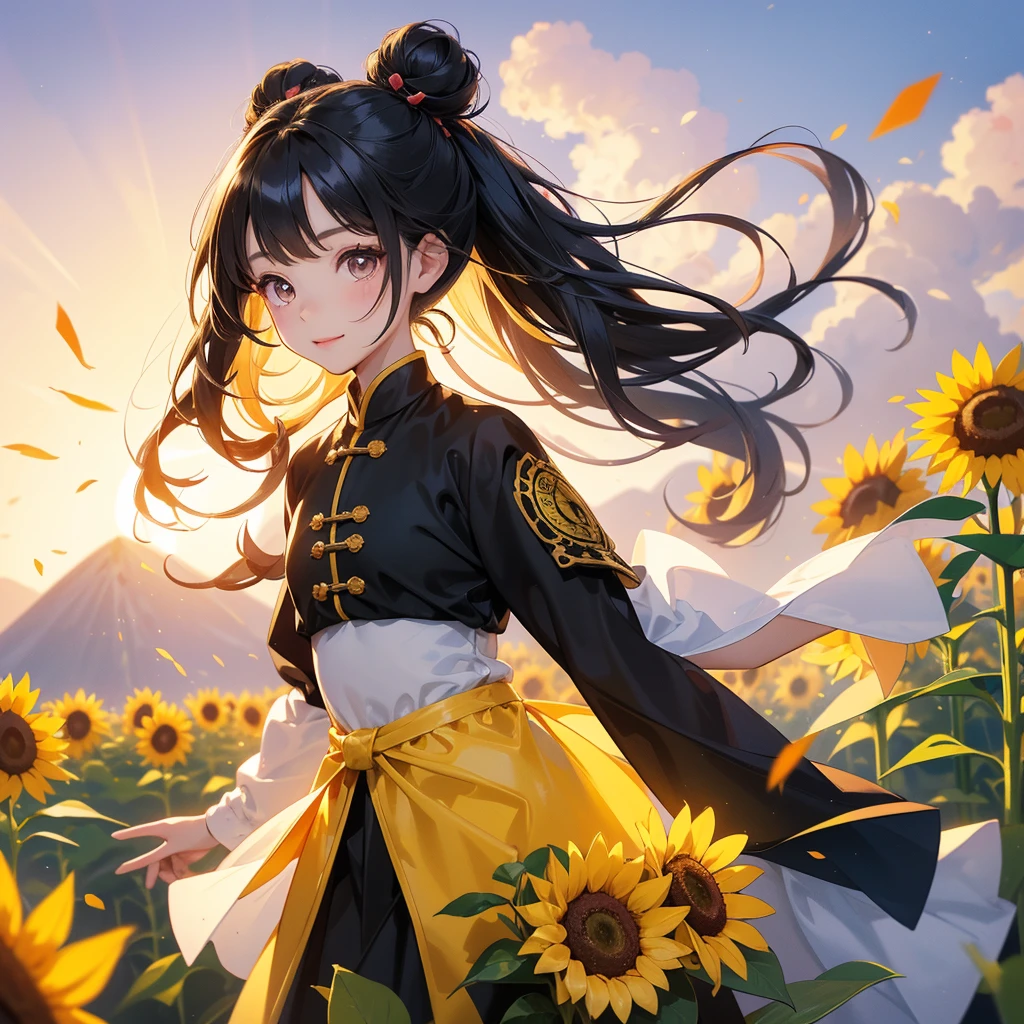 A chibi child girl had a small face and Wearing a little Taoist priest's outfit. A pair of big round eyes shone with curiosity about him. This child was so cute! Strolling among the sunflower fields Glowing yellow, her hair is black with two buns on her hair.small chibi, chibi baby, smiling ,Chibi. Sunset.