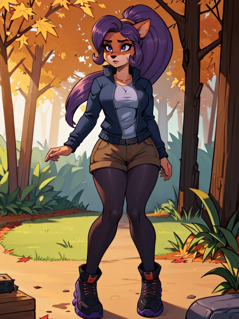 a furry anthro bandicoot girl, detailed dark purple hair with a voluminous ponytail, detailed dark-blue sports jacket, detailed dark brown shorts, detailed black tights and boots, cozy autumn atmosphere, detailed forest, autumn leaves, warm lighting, photorealistic, 8k, highly detailed, masterpiece