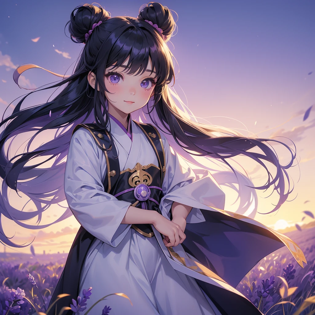 A chibi child girl had a small face and Wearing a little Taoist priest's outfit. A pair of big round eyes shone with curiosity about him. This child was so cute! Stroll among the purple lavender fields , There are some floating clouds, her hair is black with two buns on her hair.small chibi, chibi baby, smiling ,Chibi. Sunset.