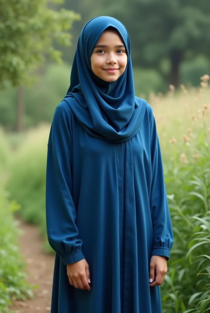 A young Muslim girl, fully covered in a modest outfit, wearing a beautifully draped blue hijab that covers her hair and frames her face. Her attire includes a long-sleeved dress that flows down to her ankles, ensuring complete coverage. The dress is simple yet elegant, complementing the deep, rich blue color of her hijab. She stands in a serene outdoor setting, with a calm and peaceful expression, her eyes radiating strength and kindness. The background features a soft, natural landscape with lush greenery, symbolizing tranquility and her connection to her faith."
