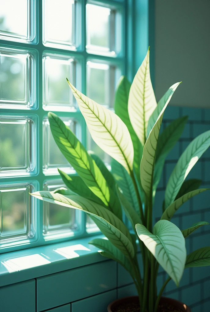 A bathroom with Blass Bock with a retro 80s style white and turquoise plant that looks very retro and with an 80s film filter