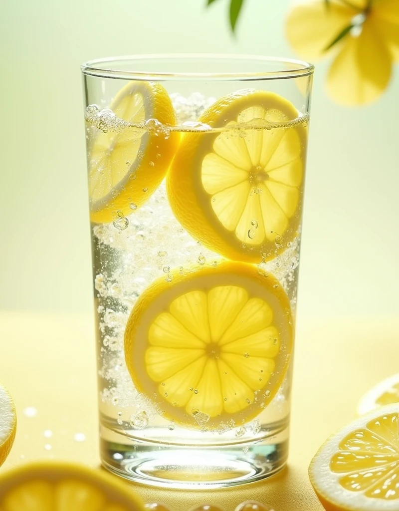 Lemon slices are clearly visible in the drink zoom water no glasss