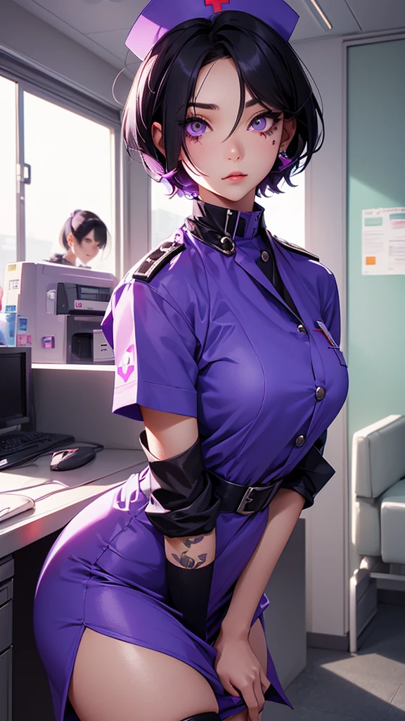 Black Nurse, 1 female, Black Nurse cap, Black clothes, ((Black legwear, zettai ryouiki)), Black elbow gloves, Long Hair, Purple Hair, Red eyes, ((Black surgical mask, Cover your nose)), Are standing, ((operating room)), Sharp contours, Short sleeve, Mature Woman, Age 35, highest quality, masterpiece((Hospital room)), Sharp contours, Short sleeve, Tomboy, boyish, highest quality, masterpiece,facial,Heart symbol、uterine orifice、Fertilization, Glasses,Voice of the Heart,Breast milk,Ecstatic expression、yandere、Until death、Purple eyes,blush、Downward shot