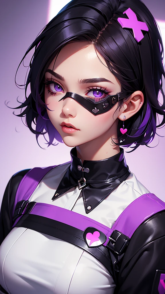 Beautiful girl wearing high-neck punk nurse uniform（20-year-old）She has an eyepatch with a heart mark on one eye, black hair, purple inner color, and short hair.