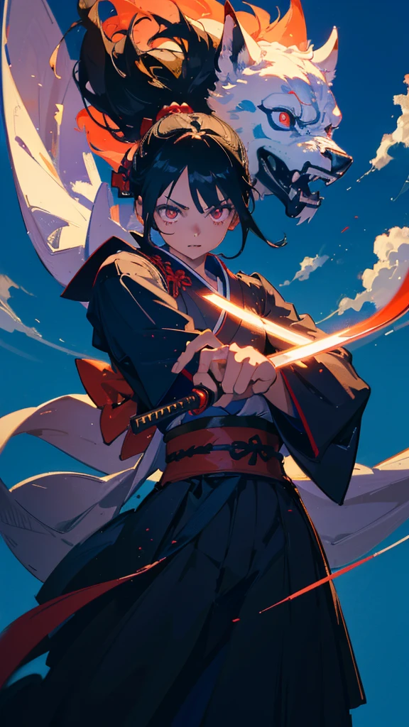 (Anime character wearing a dress with Japanese armor), ( has a sword in his left arm), One Girl, (Female anime samurai warrior fighting with sword on blue background with clouds), (Deep scarlet eyes), alone, kimono. ponytail, (kimono), Have a weapon, ((Holding a samurai sword)), Long black hair, Red ribbon, (ダイナミックアクション), Surrealism, chiaroscuro, cinematic lighting, UHD, high details, best quality, highres, 8k