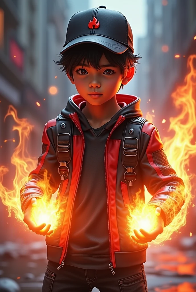 a young boy from Malaysia or Indonesia, wearing an black red zip-up shirt, black hair with a touch of white hair, highly detailed, a young real boy Malaysia Indonesia . wearing an black red zip-up shirt,black hair mix little detai white hair. Age 12 year old. Black red cap with small fire logo, detailed face, cinematic lighting, dramatic atmosphere, vibrant colors, 8k, high quality, photorealistic. Hero suit. Fire come from his hand. Glowing fire .jeans pants. Very strong. Future design dress, 4k, photorealistic, masterpiece, studio lighting, sharp focus, physically-based rendering, extremely detailed description, vivid colors, bokeh