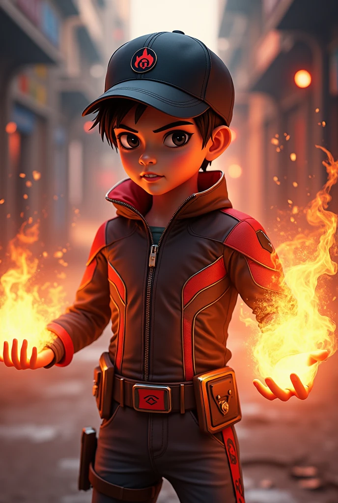 a young boy from Malaysia or Indonesia, wearing an black red zip-up shirt, black hair with a touch of white hair, highly detailed, a young real boy Malaysia Indonesia . wearing an black red zip-up shirt,black hair mix little detai white hair. . Black red cap with small fire logo, detailed face, cinematic lighting, dramatic atmosphere, vibrant colors, 8k, high quality, photorealistic. Hero suit. Fire come from his hand. Glowing fire .jeans pants. Very strong. Future design dress, 4k, photorealistic, masterpiece, studio lighting, sharp focus, physically-based rendering, extremely detailed description, vivid colors, bokeh