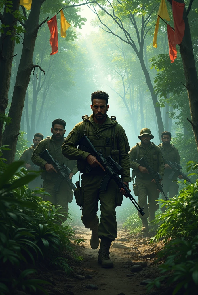 7 Amhara Fano guerilla fighters in the scary jungle that has long trees with green,yellow and red flag respectively,