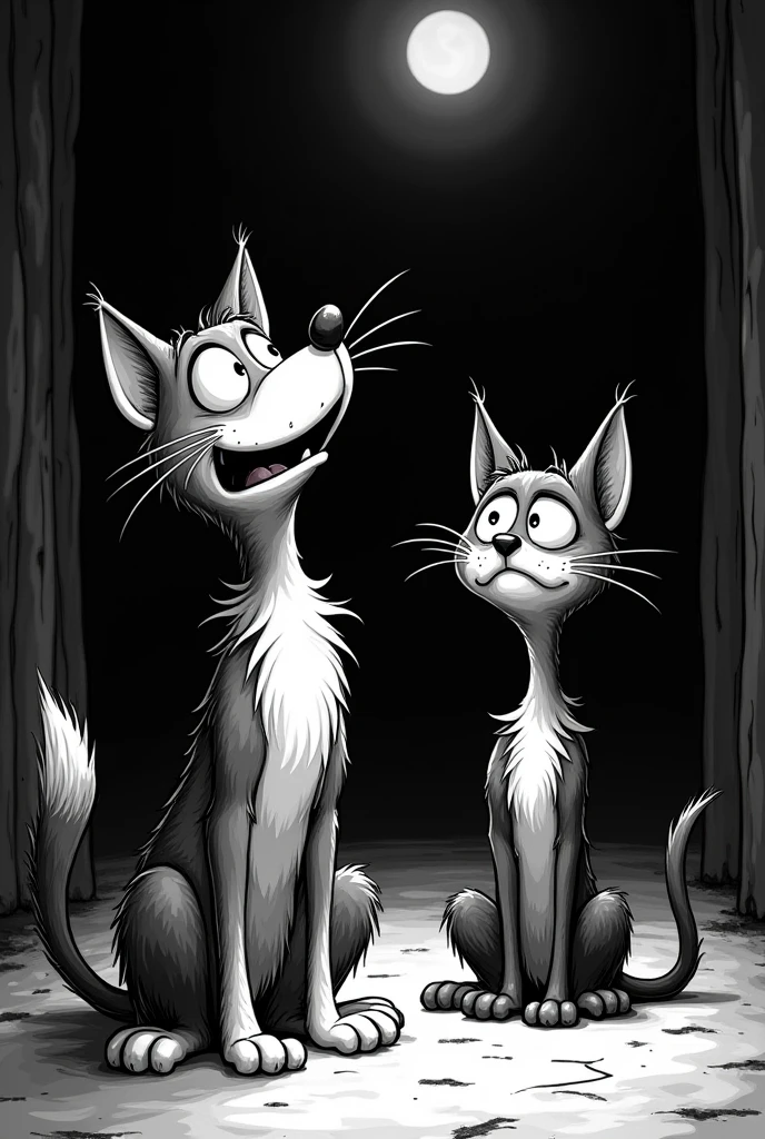 Tim Burton style cartoon of scared, bristling cat and dog looking up in black and white
