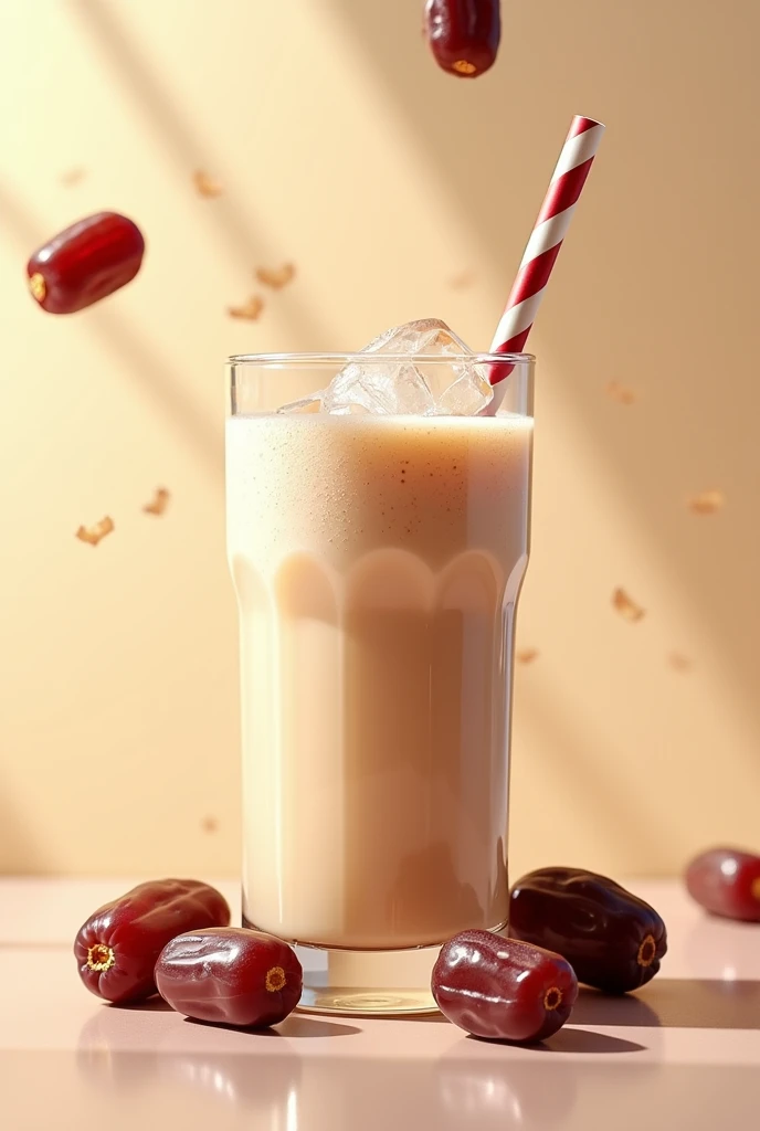 A poster displatying a glass with date fruits dropping in , a straw, glass filled with ice blended date milkshake and also displaying the name Kurma Shake