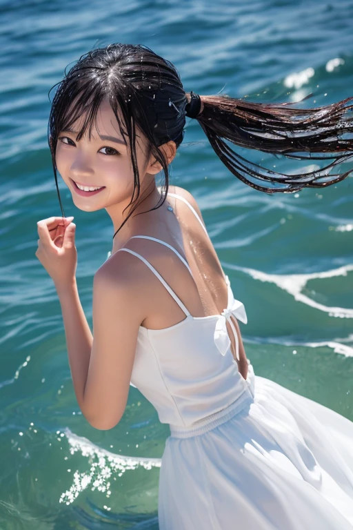 Ocean,12 Talents,((White dress)),woman,Sunlight from above,(Twin tail hairstyle),Turn around,(smile),Kicking the water at the shore,eye catching,Splattering splashes,Reflector from the opposite side of the sun,瞳にeye catching,(The silhouette of the body is visible),high resolution,High definition,Black Hair,((Wet and stuck skirt)) Waiting to start ,looking at the camera,slender
