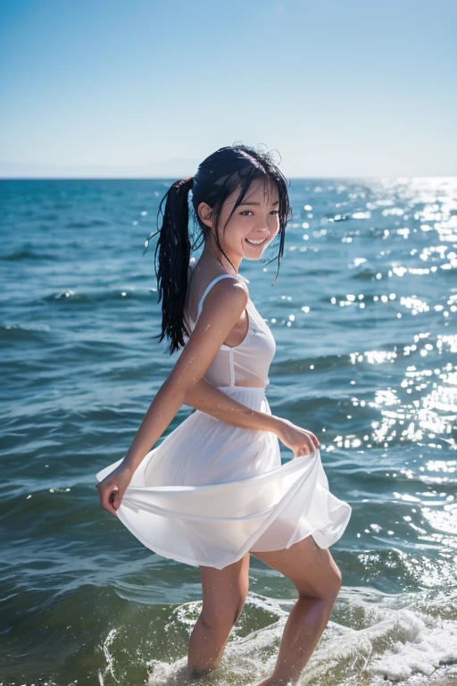 Ocean,12 Talents,((White dress)),woman,Sunlight from above,(Twin tail hairstyle),Turn around,(smile),Kicking the water at the shore,eye catching,Splattering splashes,Reflector from the opposite side of the sun,瞳にeye catching,(The silhouette of the body is visible),high resolution,High definition,Black Hair,((Wet and stuck skirt)) Waiting to start ,looking at the camera,slender
