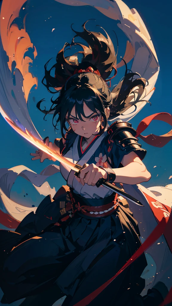 (Anime character wearing a dress with Japanese armor), ( has a sword in his left arm), One Girl, (Female anime samurai warrior fighting with sword on blue background with clouds), (Deep scarlet eyes), alone, kimono. ponytail, (kimono), Have a weapon, ((Holding a samurai sword)), Long black hair, Red ribbon, (ダイナミックアクション), Surrealism, chiaroscuro, cinematic lighting, UHD, high details, best quality, highres, 8k