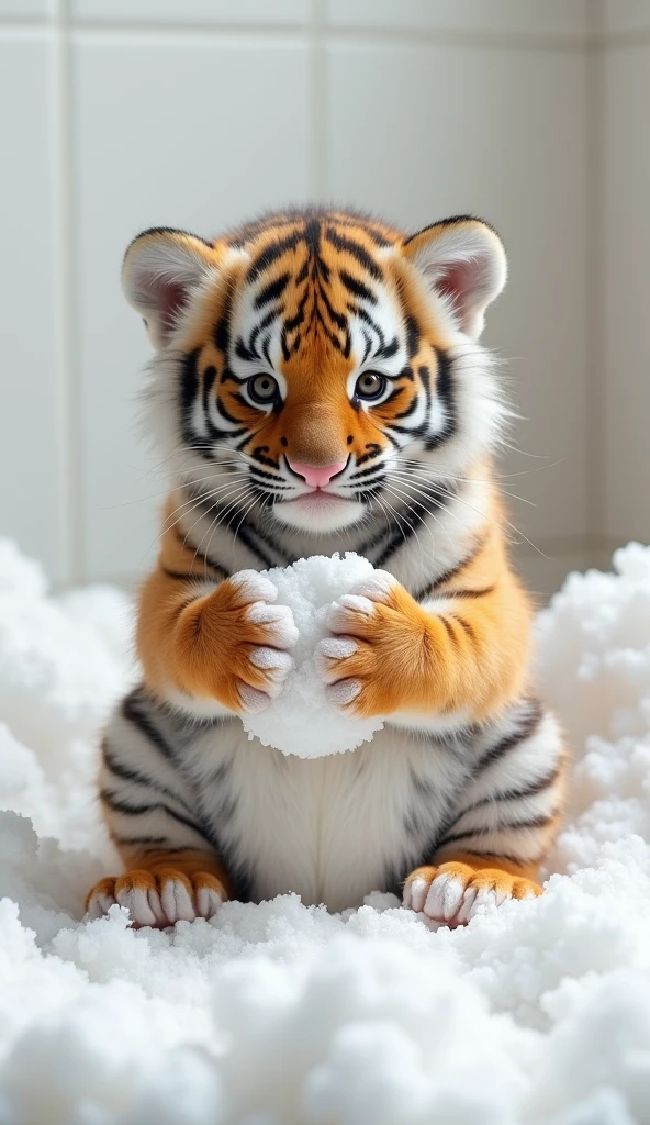 A chubby and cute little tiger baby, Very fat,Pregnant big belly,Big bright eyes, Cute and cuddly,Fluffy, Delicate and exquisite, Real version of tiger cub,The expression is very cute,Play with real white foam in the bathroom,Pure white high-end bathroom background