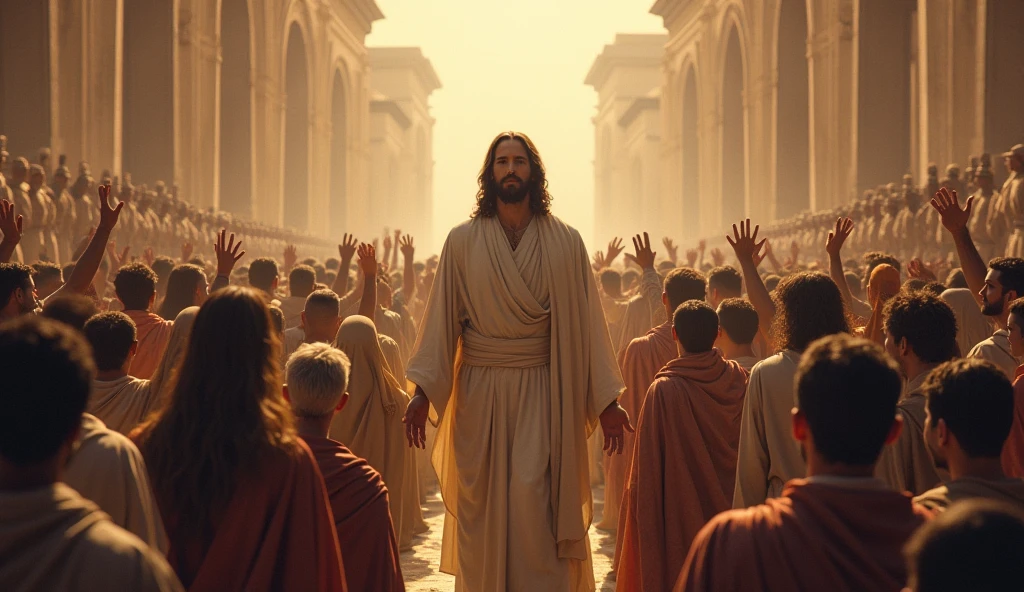 Now I want an image of Jesus in the middle while a crowd of people around him worship him. (People must be of all social classes, colors and possible professions, adds soldiers from all eras)