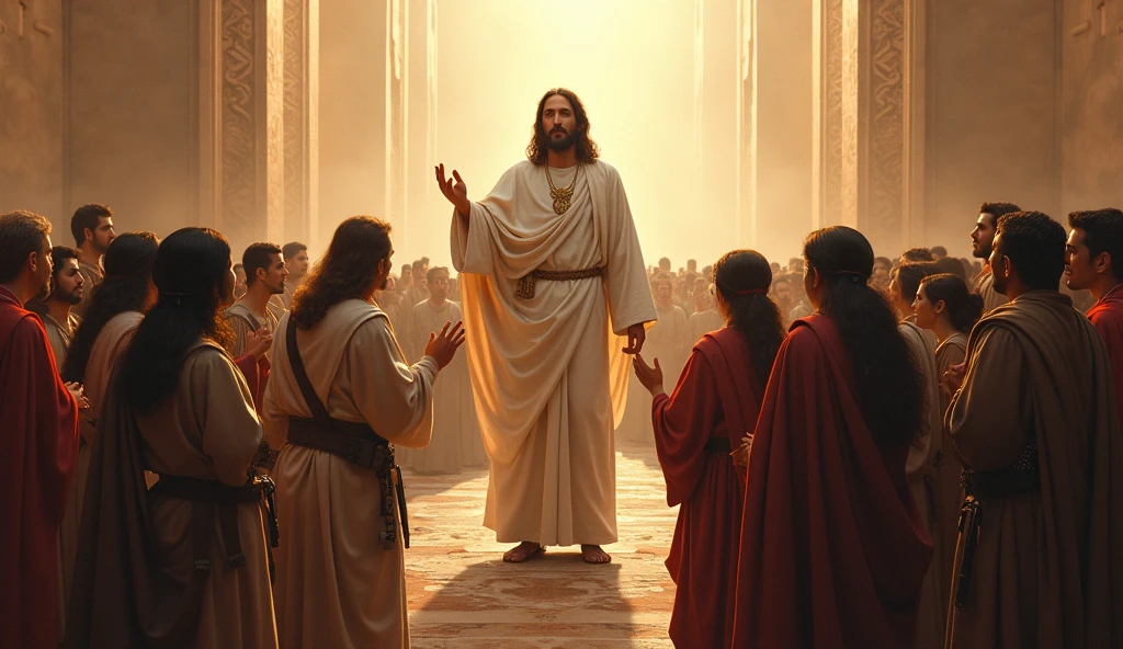 Now I want an image of Jesus in the middle while a crowd of people around him worship him. (People must be of all social classes, colors and possible professions, adds soldiers from all eras)