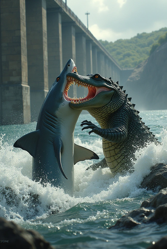 shark and crocodile fight at the dam