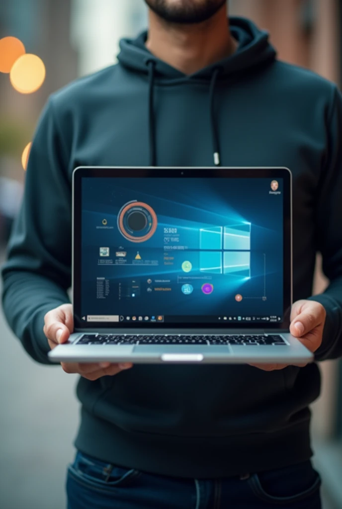 A man holding a electronic laptop or tablet in front view focus only on tab and less on the man or a person 