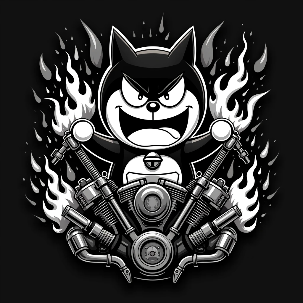 MAKE ME A LOGO FOR MOTORCYCLE CLUB. THE THEME IS ANGRY DORAEMON. THE COLOR IS ONLY BLACK AND WHITE. IN THE LOGO THERE IS A MOTORCYCLE ENGINE AND MECHANIC TOOLS . THE LOOKS IS FLAMMING. THE COLOR ONLY BLACK AND WHITE. MONOCHROME
