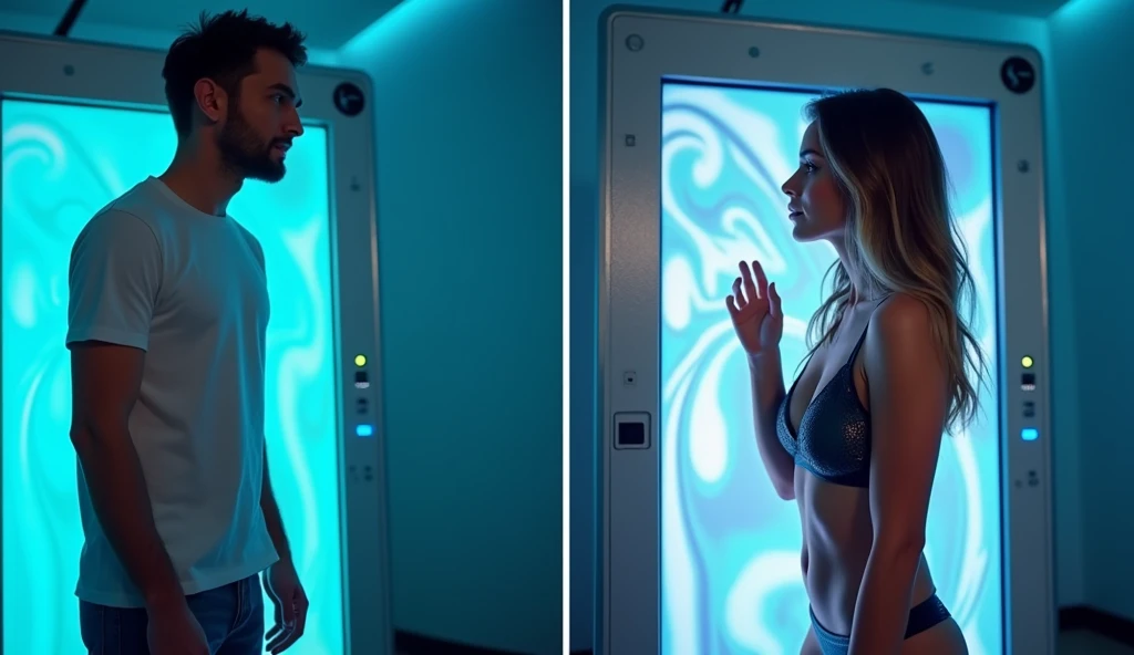 A before and after photo sequence:
**Image 1 (Left Panel - Before):** On the left side, a man in his late 20s with short, dark hair, wearing casual clothing (jeans and a plain t-shirt), stands in front of a sleek, futuristic machine with a large screen displaying a transformation app. The room is softly lit with subtle blue neon lights, giving it a high-tech feel. The man looks at the screen with curiosity and anticipation as he prepares for the transformation.
**Image 2 (Right Panel - After):** On the right side, the man has been transformed into a woman. She has long, flowing hair and is dressed in a stylish, futuristic bikini. The machine glows with bright, swirling lights, having just completed the transformation. The woman looks at her reflection on the screen, which now shows her new appearance. Her expression is one of surprise and amazement as she touches her new face, exploring her transformed features.
