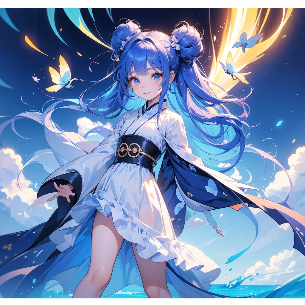 A chibi child girl had a small face and Wearing a little Taoist priest's outfit. A pair of big round eyes shone with curiosity about him. This child was so cute! Strolling among the nemophila fields Glowing blue, There are some floating clouds, her hair is black with two buns on her hair.small chibi, chibi baby, smiling ,Chibi. Sunset.