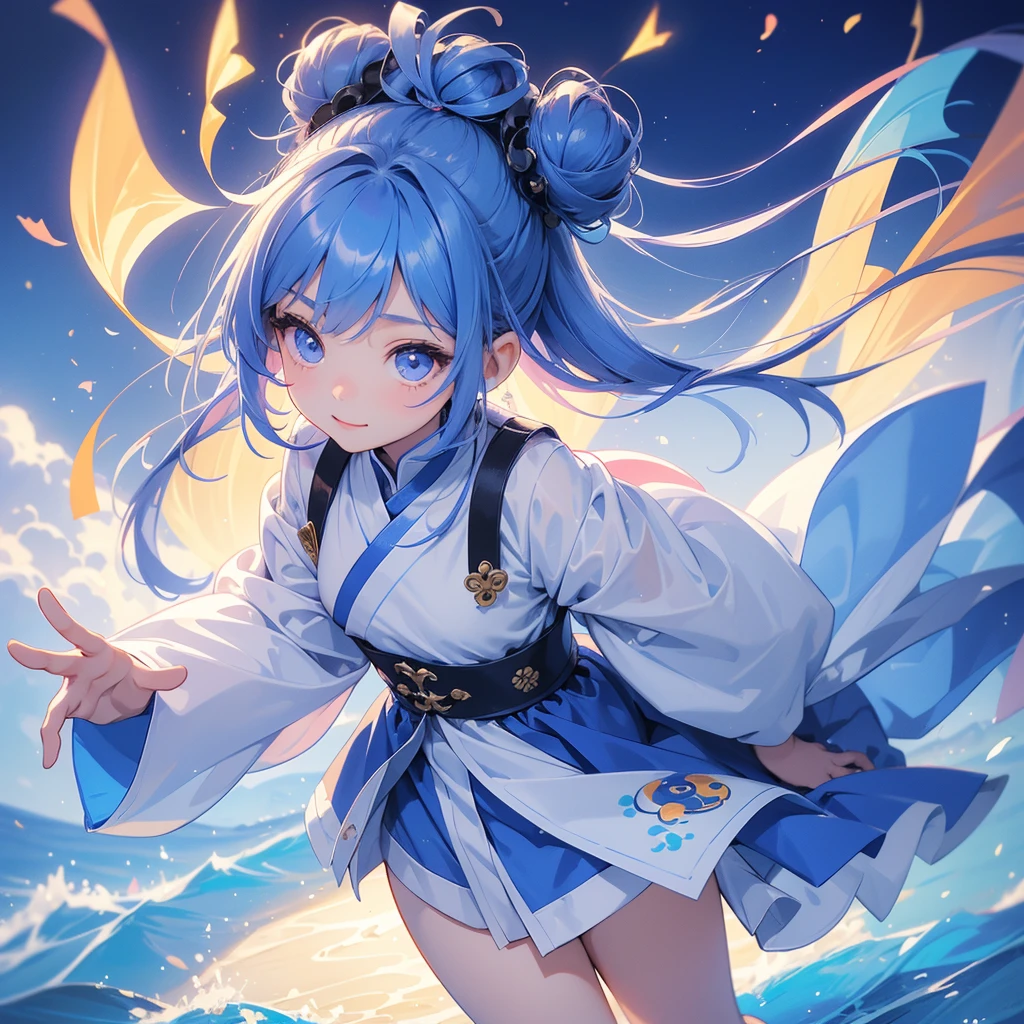 A chibi child girl had a small face and Wearing a little Taoist priest's outfit. A pair of big round eyes shone with curiosity about him. This child was so cute! Strolling among the nemophila fields Glowing blue, There are some floating clouds, her hair is black with two buns on her hair.small chibi, chibi baby, smiling ,Chibi. Sunset.
