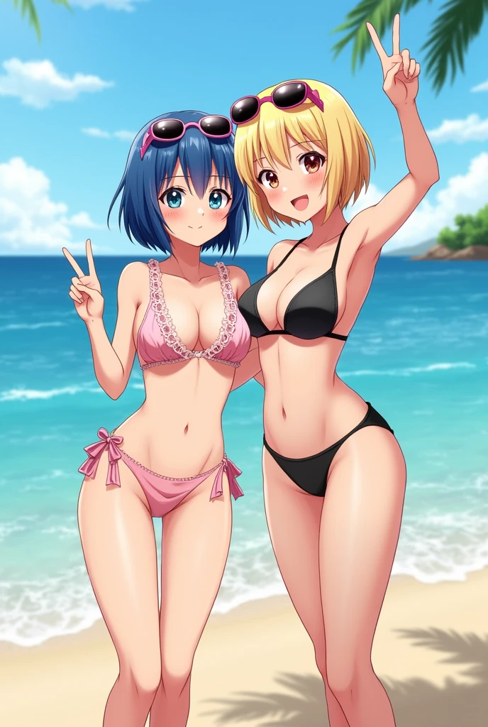 Gal's Sisters,my sister is blonde,My sister is an adult,My sister has big,My sister has short hair,My sister is wearing a sexy bikini,My sister is wearing sunglasses.,My sister has blue hair,My sister is a high school student,My sister has big,My sister has a bob cut hair,My sister is wearing a frilly bikini,The younger sister is shorter than the older sister.,My sister has sunglasses on her head.,Ocean,Beach,Sandals,Both of them make a peace sign.,high quality,anime,