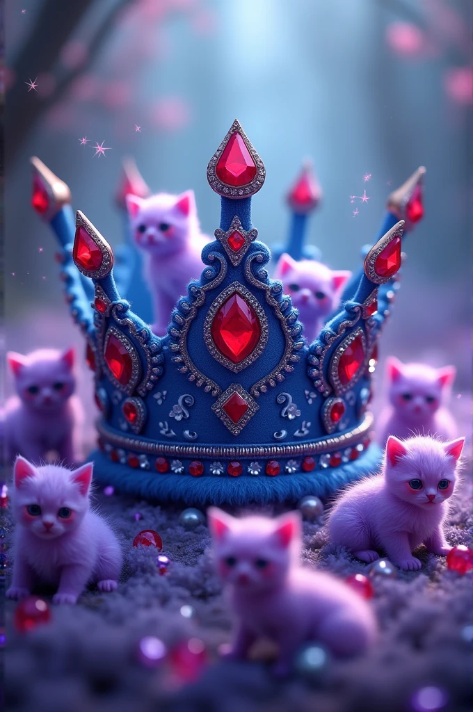 Blue crown with red crystals with little crystals drawn with purple kittens