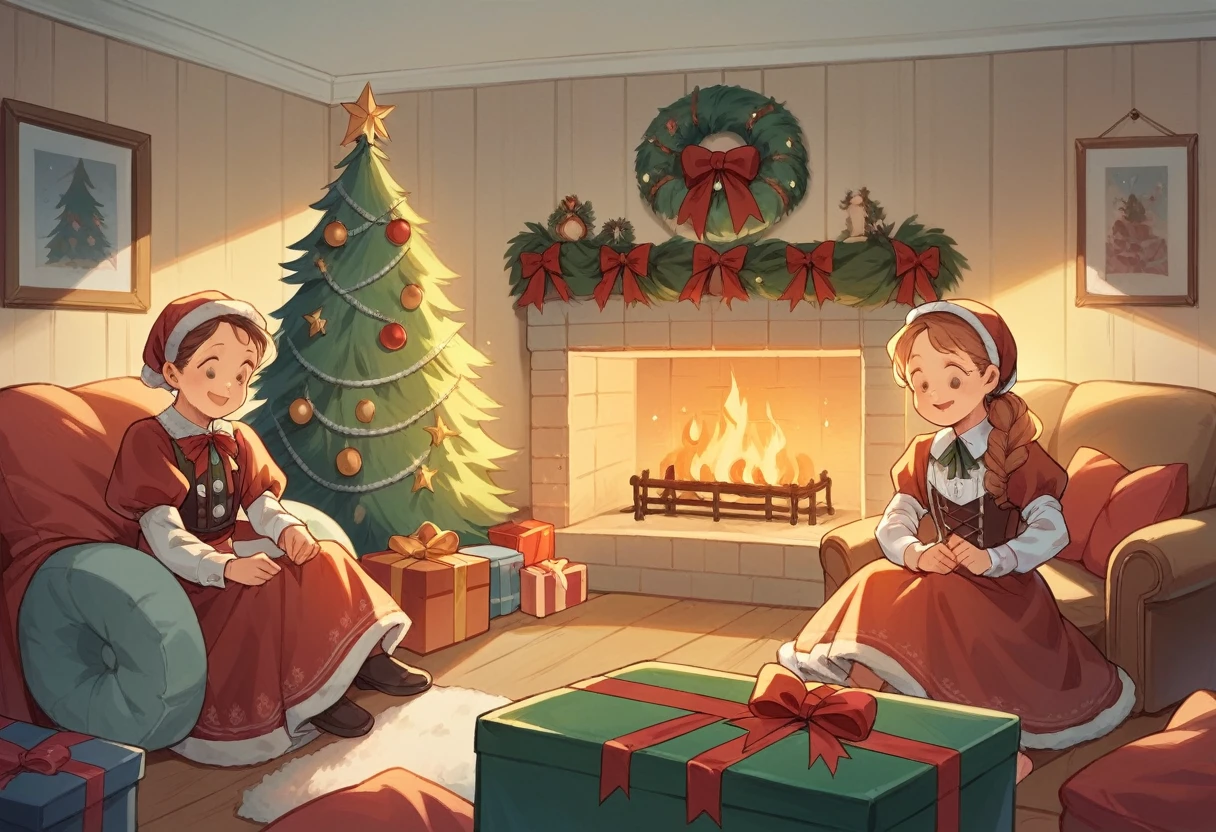 vintage illustrated Christmas card, image centered inside wide border around all four sides, vertical rectangle, drawn vertically, in the style of Kate Greenaway!, extra highly detailed drawing, flat!, vector art!--no shadows, illustration! --auto