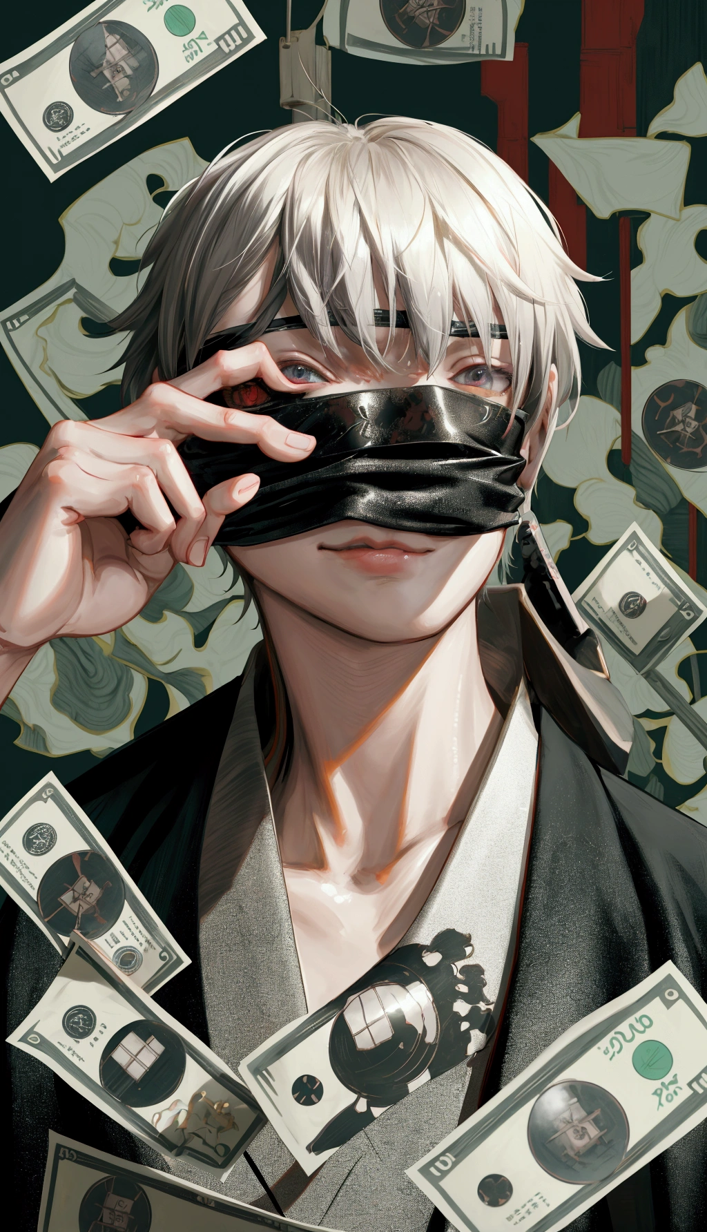 girl with blindfold and money flying around, 2 b, 2b, ken kaneki, badass anime 8 k, jin kagetsu, yoko taro, best anime 4k konachan wallpaper, full body 1 / 6 nihei tsutomu, okita sougo, 4 k manga wallpaper, closeup shot, pop up parade figure