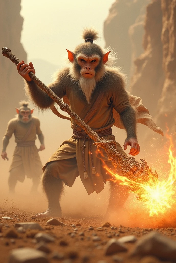 Create a dynamic and cinematic image of Sun Wukong, the Monkey King, with his magical staff, Ruyi Jingu Bang. The staff is dramatically extended towards the foreground, while Sun Wukong stands in the background in dynamic angle, striking it with both hands, forcefully on the ground. The impact of the strike sends a cloud of sand and dust swirling up into the air, adding a sense of motion and power to the scene.