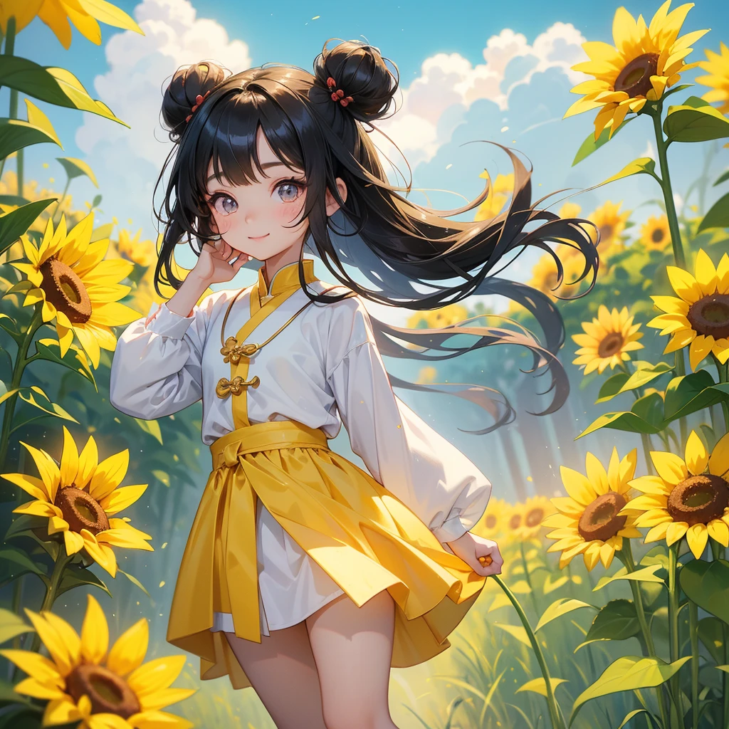 A chibi child girl had a small face and Wearing a little Taoist priest's outfit. A pair of big round eyes shone with curiosity about him. This child was so cute! Strolling among the sunflower fields Glowing yellow, her hair is black with two buns on her hair.small chibi, chibi baby, smiling ,Chibi.