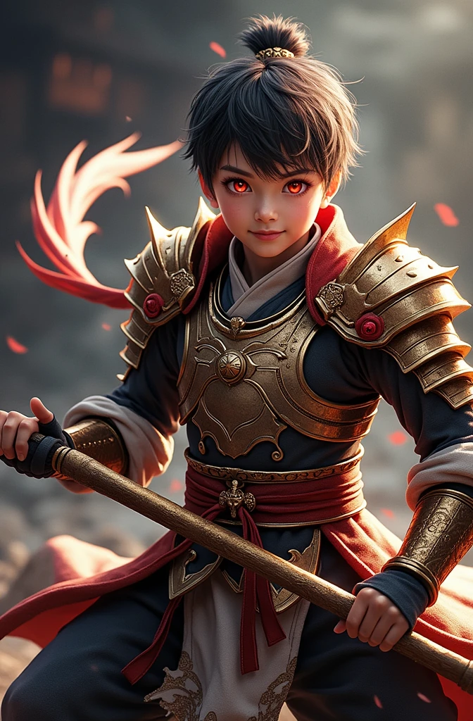 1boy, sun wukong, fighting pose, short hair, (best quality,4k,8k,highres,masterpiece:1.2),ultra-detailed,(realistic,photorealistic,photo-realistic:1.37),extremely detailed, powerful, wearing chinese armor, cape, holding golden staff, glowing red eyes, wide smile, full body