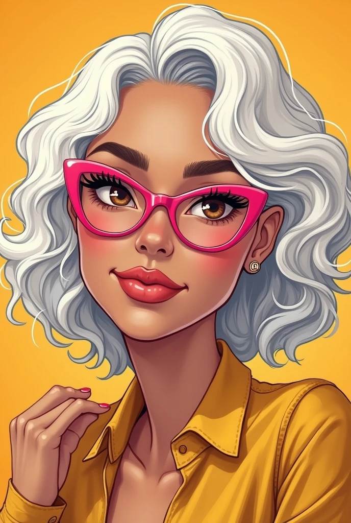 Woman, white curly hair with highlights, Brazilian, northeastern. lowrise, thick lips, wears pink cat-eye glasses, 60 kilos, eyes browns. slightly slanted eyes, shoulder hair. Small and slightly curved eyebrows. Short neck, 1,58 tall. illustration 